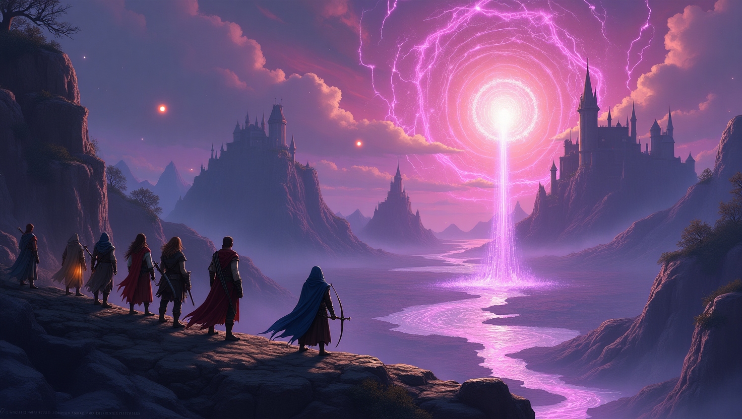 Fantasy adventurers looking at a magical portal